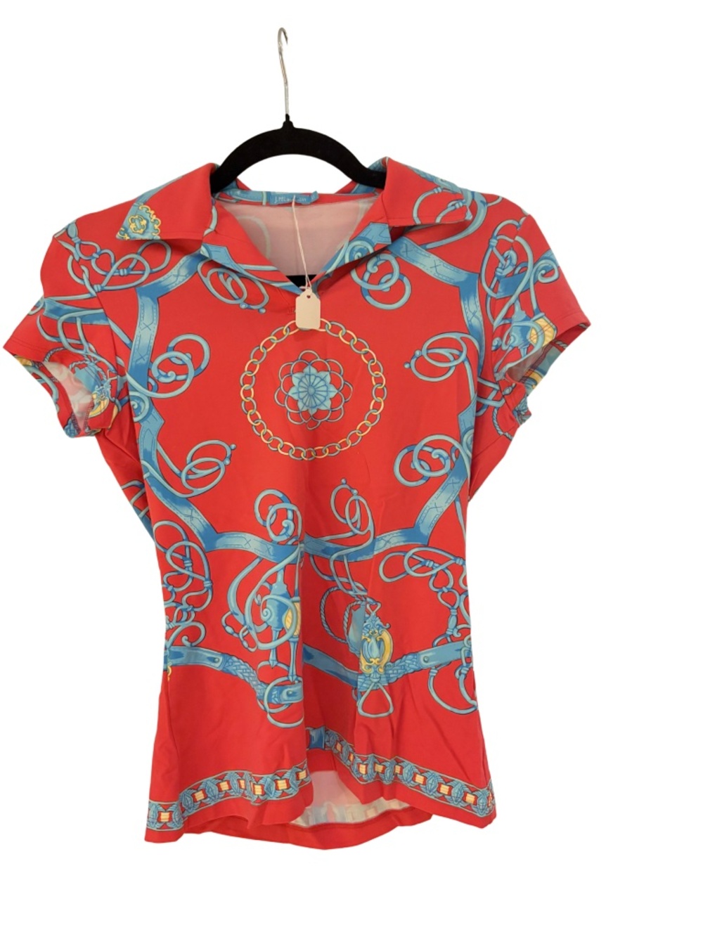 J. McLaughlin Pink, Blue & Yellow Chain Print Catalina Polo, Size XS